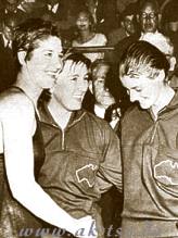Australia's winning trio after they took the first three places in the 100 metres womens freestyle. From left Dawn Fraser, 1st, Lorraine Crapp, 2nd, and Faith Leech 3rd.